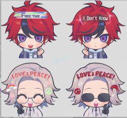 2boys ahoge aotsuki_eito art_program_in_frame black_gloves blue_eyes censored chibi closed_eyes commentary drawstring english_commentary english_text gloves grey_hair grey_jacket hand_up hood hoodie jacket male_focus mosaic_censoring multicolored_hair multiple_boys multiple_views open_clothes open_jacket peace_symbol rainbow red_hair roo_(chojino) short_hair skull streaked_hair sumino_takumi the_hundred_line_-last_defense_academy- twitter_username v white_hoodie white_jacket