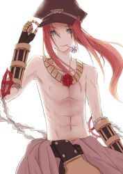 1boy abs belt black_gloves brown_hat championship_belt closed_mouth commentary_request cowboy_shot cross cross_necklace cross_of_prontera gauntlets gloves green_eyes hat high_ponytail jewelry long_hair looking_at_viewer male_focus necklace nipples peaked_cap pink_hair ponytail ragnarok_online simple_background smile solo sura_(ragnarok_online) toned toned_male topless_male white_background yoru_nagatsuki
