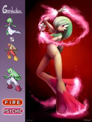 1girl 2017 absurdres arm_up artist_name blaziken character_name claws dated female_focus fire full_body furry furry_female fusion gardevoir gen_3_pokemon gradient_background green_hair hair_over_one_eye hand_up highres legs_apart looking_to_the_side magic nintendo open_mouth outta_sync pink_eyes pixel_art pokemon pokemon_(creature) pokemon_rse red_background short_hair signature simple_background solo standing text_focus