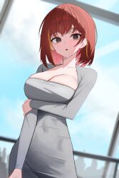 1girl absurdres akane_lize alternate_costume blonde_hair breasts cleavage grey_eyes highres l_min109 large_breasts looking_at_viewer medium_hair multicolored_hair red_hair solo stellive two-tone_hair virtual_youtuber