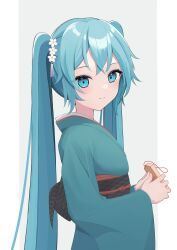 1girl absurdres aqua_eyes aqua_hair aqua_kimono black_sash flower funakinuta hair_flower hair_ornament hatsune_miku highres japanese_clothes kimono long_hair obi sash smile solo twintails very_long_hair vocaloid