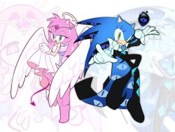 1boy 1girl absurdres amy_rose angel_wings black_bodysuit blue_fur bodysuit cape circlet commentary cookie_run cookie_run:_kingdom cosplay demon_tail dress english_commentary eternal_sugar_cookie eternal_sugar_cookie_(cosplay) eye_print full_body furry furry_female furry_male gloves green_eyes halo highres peachsdmy pink_fur pink_tail puffy_sleeves shadow_milk_cookie shadow_milk_cookie_(cosplay) skirt_hold smile sonic_(series) sonic_the_hedgehog tail white_dress white_gloves white_wings wings