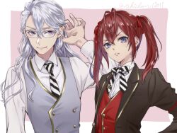 2boys adjusting_eyewear alternate_hair_length alternate_hairstyle azul_ashengrotto blue_eyes commentary_request glasses grey_vest highres long_hair male_focus mole mole_under_eye multiple_boys night_raven_college_uniform pink_background purple_eyes red_hair red_vest riddle_rosehearts school_uniform shirt simple_background twintails twisted_wonderland ukichan12011 upper_body vest white_hair white_shirt