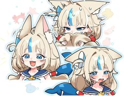 1girl :3 :d ahoge animal_ear_fluff animal_ears blonde_hair blue_eyes blue_hair blue_sailor_collar blush cat_ears collar collarbone commentary covering_own_mouth cropped_shoulders crying crying_with_eyes_open dandandanholo ears_down ears_up fangs fins fish_girl fish_tail grabbing_own_hair happy indie_virtual_youtuber lifebuoy_hair_ornament long_hair looking_at_viewer looking_down low_twintails multicolored_hair multiple_views one_side_up open_mouth outline paper_boat sad sailor_collar sameko_saba smile streaked_hair sweatdrop tail tears teeth tongue twintails upper_teeth_only very_long_hair virtual_youtuber watermark white_background