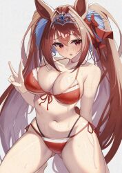 1girl absurdres animal_ears bikini blush bow breasts daiwa_scarlet_(umamusume) grey_background hair_bow highres horse_ears horse_girl horse_tail large_breasts long_hair looking_at_viewer red_bikini red_bow side-tie_bikini_bottom simple_background solo sweat swimsuit taguchi_yuu tail tiara twintails umamusume v very_long_hair