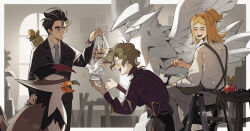 3boys applin bag beak bird black_eyes black_hair black_jacket black_suit blonde_hair blue_necktie brassius_(pokemon) bright_pupils brown_hair closed_eyes collared_shirt creatures_(company) formal_clothes game_freak gen_4_pokemon gen_8_pokemon grey_eyes grey_hair grey_pants hassel_(pokemon) highres indoors jacket ladder larry_(pokemon) luminous_slime multicolored_hair multiple_boys necktie nintendo on_ladder open_mouth pants plastic_bag pokemon pokemon_(creature) pokemon_sv purple_shirt shirt sitting smoliv spiked_hair standing staraptor statue suit suit_jacket teeth two-tone_hair upper_teeth_only white_pupils white_shirt