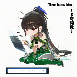 1girl bare_shoulders black_hair bodysuit breasts brown_eyes display drowsy_sheep eve_(stellar_blade) fingerless_gloves gloves green_bodysuit hair_ornament hairpin long_hair messy_hair ponytail pout sitting skin_tight solo stellar_blade teardrop tears very_long_hair wariza