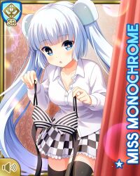 Rule 34 | 1girl, :o, bikini, blue eyes, blunt bangs, card, character name, checker pattern, collarbone, curtains, day, girlfriend (kari), indoors, miss monochrome, miss monochrome (character), official art, open mouth, qp:flapper, school uniform, shirt, skirt, solo, swimsuit, tagme, thighhighs, twintails, white footwear, white hair, white shirt