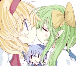 3girls alice_margatroid ascot blonde_hair blue_eyes capelet cirno daiyousei hairband ice ice_wings inasa_orange kiss multiple_girls pointy_ears red_ascot red_hairband short_hair touhou white_capelet wings yuri