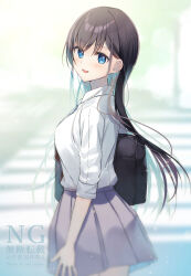 Rule 34 | 1girl, amamine, bag, black hair, blue eyes, blush, collared shirt, long hair, long sleeves, looking at viewer, open mouth, original, pleated skirt, school bag, school uniform, shirt, shoulder bag, simple background, skirt, smile, solo, very long hair, white shirt