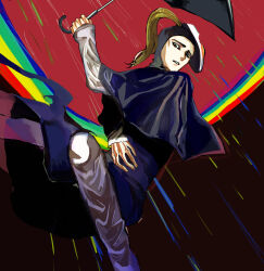 1boy absurdres black_capelet black_coat black_eyes black_umbrella blackmore blonde_hair capelet catch_the_rainbow coat commentary_request grey_pants high_ponytail highres holding holding_umbrella hood hood_up jojo_no_kimyou_na_bouken long_hair long_sleeves male_focus mask mask_on_head pants ponytail rainbow solo stand_(jojo) steel_ball_run umbrella white_mask yuutairidatu