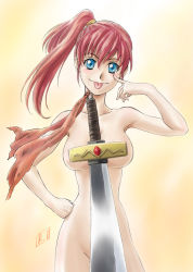 1980s_(style) 1girl :p asagiri_youko blue_eyes blush breasts censored convenient_censoring female_focus genmu_senki_leda gradient_background hand_on_own_hip hip_focus mcq nude oldschool red_hair retro_artstyle side_ponytail solo sword tongue tongue_out weapon