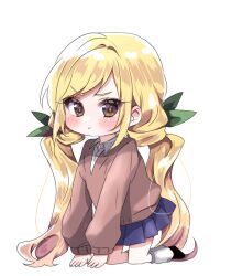 1girl black_shoes blonde_hair blue_skirt blush brown_eyes chibi chibi_only closed_mouth collared_shirt frown full_body furrowed_brow green_ribbon hair_between_eyes hair_intakes hair_ribbon hands_on_ground inda_karane kimi_no_koto_ga_dai_dai_dai_dai_daisuki_na_100-nin_no_kanojo kneeling long_hair long_sleeves looking_at_viewer loose_socks low_twintails miniskirt ohananomitsu_high_school_uniform parted_bangs pleated_skirt ribbon school_uniform shirt shoes sidelocks simple_background skirt socks solo twintails v-shaped_eyebrows very_long_hair white_background white_shirt white_socks yumenobetsu