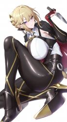 Rule 34 | 1girl, armpit crease, black choker, black gloves, black jacket, black pants, blonde hair, bodystocking, braid, breasts, chest harness, choker, closed mouth, collared shirt, commentary request, earrings, elbow gloves, evelyn chevalier, gloves, harness, high-waist pants, high heels, highres, holding, holding knife, jacket, jacket on shoulders, jewelry, knee up, knife, large breasts, looking at viewer, necktie, pants, partial commentary, partially fingerless gloves, purple eyes, shadow, shiroshisu, shirt, sidelocks, simple background, single elbow glove, sitting, sleeveless, sleeveless shirt, solo, tight clothes, tight pants, white background, white shirt, yellow necktie, zenless zone zero