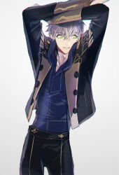 1boy ashe_ubert black_jacket black_pants blue_hoodie buttons crossed_bangs feet_out_of_frame fire_emblem fire_emblem:_three_houses garreg_mach_monastery_uniform green_eyes grey_hair hood hood_down hoodie jacket long_sleeves looking_to_the_side male_focus nintendo open_clothes open_jacket pants parted_lips short_hair sideways_glance simple_background sleeve_cuffs solo standing teeth tsukimura_noe white_background