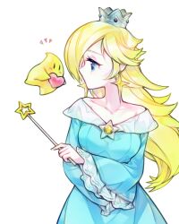 1girl blonde_hair blue_dress blue_eyes border breasts collarbone commentary cowboy_shot crown dress earrings heart holding holding_heart holding_wand jewelry long_hair looking_at_another looking_to_the_side luma_(mario) mario_(series) medium_breasts mini_crown nintendo outside_border rosalina solo star_(symbol) star_earrings star_wand transparent_border wand white_background wide_sleeves xiina