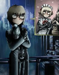 1boy 1girl :&lt; absurdres against_railing alternate_costume alternate_hairstyle animal aqua_eyes awkward bird black_bodysuit black_coat black_eyeshadow blush bodysuit bodysuit_under_clothes bow bowtie breasts building buttons cityscape closed_mouth coat commentary cowboy_shot crossed_arms cyborg embarrassed eyeshadow grey_hair hair_bow hair_ornament hairclip hand_on_own_shoulder hashtag-only_commentary heart_hands_failure highres holding holding_animal holding_bird liskim maid maid_headdress makeup marie_(peripeteia) mechanical_arms medium_breasts multiple_views night nose open_clothes open_coat out_of_frame outdoors peripeteia pigeon pointy_nose railing rain red_bow red_bowtie runny_makeup self_hug short_hair short_twintails skyline skyscraper soldier solo_focus sparkle sparkling_aura speech_bubble spoken_character standing trench_coat triangle_button twintails wet