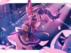 1girl :d arm_up bare_shoulders black_hair blurry commentary_request dawn_(new_year&#039;s_2023)_(pokemon) dawn_(pokemon) depth_of_field detached_sleeves falling_petals floating_hair game_freak gen_7_pokemon highres holding holding_microphone japanese_clothes kimono microphone nintendo official_alternate_costume omyo_(myomyomyo22) one_eye_closed open_mouth oricorio oricorio_(sensu) petals pokemon pokemon_(creature) pokemon_masters_ex ponytail sash sidelocks smile teeth upper_teeth_only
