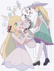 1girl 343rone absurdres alolan_form alolan_vulpix apron blonde_hair blunt_bangs bonnet bow braid breasts closed_mouth dress flower gen_6_pokemon gen_7_pokemon green_dress green_eyes hair_bow hair_flower hair_ornament hat highres klefki leggings lillie_(pokemon) lillie_(special_costume)_(pokemon) long_hair nintendo official_alternate_costume one_eye_closed open_mouth pantyhose pokemon pokemon_(creature) pokemon_masters_ex pokemon_sm shoes short_sleeves sleeveless sleeveless_dress smile sun_hat sundress twin_braids white_dress white_hat white_leggings white_pantyhose