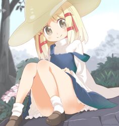 1girl arata_toshihira blonde_hair blue_dress blush branch brown_hat brown_shoes cloud cloudy_sky commentary_request dress flower foliage forest grass grey_eyes hair_ribbon hat knees_up leaf long_sleeves medium_hair moriya_suwako nature pink_flower red_ribbon ribbon rock shirt shoes sitting sky smile socks solo split_mouth strap_slip thighs touhou tree white_shirt white_socks