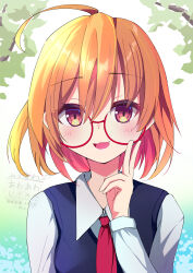 1girl absurdres glasses highres light_blush looking_at_viewer miz_awa necktie orange_eyes original scenery shirt short_hair solo white_shirt