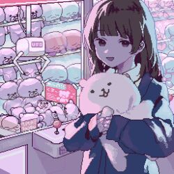 1girl :d asleep_onthebed backlighting bear blue_jacket blue_light blunt_bangs brown_eyes brown_hair collared_shirt crane_game highres holding holding_stuffed_toy jacket long_hair looking_at_viewer octopus open_mouth original pastel_colors pink_light pixel_art poster_(object) shirt smile solo stuffed_animal stuffed_toy teddy_bear upper_body