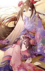 2girls absurdres asahi_tsujino azki_(hololive) azki_(new_year)_(hololive) blue_eyes blue_hakama blue_kimono blue_skirt bob_cut brown_hair closed_mouth colored_inner_hair double-parted_bangs floral_print floral_print_kimono flower furisode hair_between_eyes hair_flaps hair_flower hair_ornament hair_ribbon hairclip hakama hakama_skirt head_on_pillow headpat highres hololive japanese_clothes kanzashi kimono long_hair looking_at_viewer mole mole_under_eye multicolored_hair multiple_girls obi obiage obijime official_alternate_costume pillow pink_hair pink_kimono print_kimono purple_eyes red_ribbon ribbon sash short_hair skirt smile star_(symbol) star_hair_ornament starry_sky_print streaked_hair tatami tokino_sora tokino_sora_(new_year) very_long_hair virtual_youtuber white_hair wide_sleeves yuri