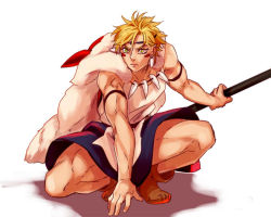 1boy blonde_hair caesar_anthonio_zeppeli cape cosplay facepaint facial_mark green_eyes jewelry jojo_no_kimyou_na_bouken male_focus mononoke_hime necklace san_(cosplay) san_(mononoke_hime) shirako solo squatting