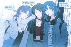 Rule 34 | 3girls, asakura toru, bang dream!, bang dream! it&#039;s mygo!!!!!, black jacket, blue cardigan, blue choker, blue jacket, blue nails, blue theme, bocchi the rock!, cardigan, cardigan around waist, choker, closed mouth, clothes around waist, commentary, crossover, earclip, earrings, guitar case, headphones, headphones around neck, highres, idolmaster, idolmaster shiny colors, instrument case, instrument connection, instrument on back, jacket, jewelry, lock, medium hair, multiple girls, nail polish, open clothes, open jacket, open mouth, padlock, parted bangs, red shirt, reiboubyou, shirt, sony, stud earrings, translated, watermark, yahata umiri, yamada ryo, yellow eyes