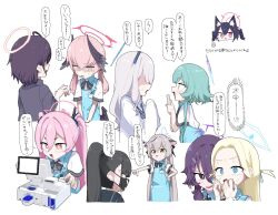 Rule 34 | 6+girls, angel&#039;s 24 uniform (blue archive), animal ears, apron, black hair, black shirt, black wings, blonde hair, blue apron, blue archive, blue eyes, blue halo, cash register, cat ears, covered mouth, gehenna student (blue archive), green hair, grey hair, hair between eyes, hair ornament, hairclip, halo, haruka (blue archive), head wings, highres, koharu (blue archive), kokona (blue archive), koyuki (blue archive), lab coat, long hair, mask, millennium science school student (blue archive), millennium science school student b (blue archive), momiji (blue archive), mouth mask, multiple girls, nervous sweating, ookii tsukemono, open mouth, pink eyes, pink hair, pink halo, pointing, pointing at another, purple eyes, purple hair, purple halo, red eyes, red halo, serika (blue archive), shirt, short sleeves, smile, sora (blue archive), speech bubble, store clerk, sukeban (smg) (blue archive), sweat, thought bubble, translation request, twintails, white background, white shirt, wings, yellow eyes