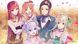 1boy 4girls absurdres animal_ears annabelle_(cheat_kusushi_no_slow_life) bare_shoulders blonde_hair blue_eyes blue_suit bow bracelet breasts brown_eyes brown_hair cheat_kusushi_no_slow_life choker cleavage closed_mouth diamond-shaped_pupils diamond_(shape) double_bun dress drill_hair earrings elaine_(cheat_kusushi_no_slow_life) end_card fang flower food fork formal_clothes gem gloves green_dress green_eyes hair_bun hair_down hair_flower hair_ornament hair_ribbon hair_up highres holding jewelry kirio_reiji looking_at_viewer medium_breasts mina_(cheat_kusushi_no_slow_life) multiple_girls necklace noela_(cheat_kusushi_no_slow_life) official_art open_mouth orange_hair pearl_necklace petals pink_dress red_dress red_eyes red_hair ribbon small_breasts smile steak suit symbol-shaped_pupils upper_body white_gloves white_hair wolf_ears wolf_girl yellow_dress yellow_eyes zounose