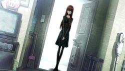 1girl black_dress black_pantyhose black_shoes breasts broom brown_hair cd_player collarbone crt doorway dress dutch_angle expressionless full_body funeral_dress future_gadget_lab game_cg hair_between_eyes hair_over_shoulder highres holding_own_hand huke indoors long_hair long_sleeves makise_kurisu mary_janes non-web_source official_art own_hands_together pantyhose purple_eyes ringed_eyes shoes small_breasts solo square_pupils standing steins;gate steins;gate:_linear_bounded_phenogram television v_arms vacuum_cleaner