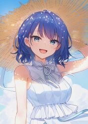 1girl :d armpit_crease bare_arms blue_eyes blue_hair blush breasts cherrymeing cloud cloudy_sky collared_dress colorful_festival_(project_sekai) dress frilled_dress frills hair_behind_ear hair_between_eyes hand_on_headwear hashtag-only_commentary hat kiritani_haruka looking_at_viewer medium_breasts medium_hair neck_ribbon official_alternate_costume official_alternate_hairstyle open_mouth project_sekai ribbed_dress ribbon shade sky smile solo straw_hat sun_hat sundress upper_body wavy_hair white_dress white_ribbon