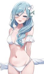 1girl :d arm_cuffs arms_behind_back bare_arms bare_shoulders beach_umbrella bikini blue_eyes blue_hair blush bow breasts cleavage collarbone commentary cowboy_shot groin hair_between_eyes hair_bow hair_ornament hair_over_shoulder highres hinomori_shizuku holding kunizaki long_hair looking_at_viewer medium_breasts mole mole_under_mouth navel open_mouth project_sekai sidelocks simple_background smile solo standing stomach string_bikini swimsuit teeth thighs tongue umbrella upper_teeth_only white_background white_bikini white_bow white_umbrella