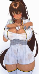 1girl absurdres ball baseball_(object) baseball_uniform black_nails blush breasts brown_hair cleavage commentary_request dark-skinned_female dark_skin fujisaki_subaru goddess_of_victory:_nikke highres large_breasts looking_at_viewer noir_(nikke) ponytail shirt short_sleeves simple_background smile solo sportswear striped_clothes striped_shirt thighhighs vertical-striped_clothes vertical-striped_shirt wet wet_clothes white_background white_shirt white_thighhighs yellow_eyes