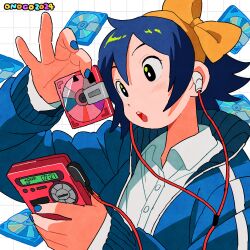 1girl :o absurdres black_eyes blue_hair blue_jacket blue_nails bow bow_hairband cd cd_case collared_shirt commentary dated earbuds earphones grid_background hairband highres holding_cd jacket listening_to_music onoconokoko0625 open_clothes open_jacket orange_bow original shirt short_hair sidelocks signature upper_body walkman white_shirt
