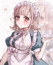 1girl apron black_dress blush breasts brown_hair danganronpa_(series) danganronpa_2:_goodbye_despair dress heart highres holding holding_plate large_breasts maid maid_headdress medium_breasts mosaic_background nanami_chiaki neck_ribbon no_hair_ornament official_alternate_costume pink_eyes pink_ribbon plate puffy_short_sleeves puffy_sleeves ribbon short_sleeves solo spoken_heart waist_apron white_apron yuyu_(yuuyudayo1211)