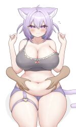 1girl ahoge animal_ear_fluff animal_ears belly_grab blush breasts cleavage closed_mouth collarbone commentary_request curvy disembodied_hand dot_nose feet_out_of_frame hair_between_eyes half-closed_eyes heart highres hololive large_breasts looking_at_viewer medium_hair mochigomemcmc navel nekomata_okayu o-ring off_shoulder plump purple_ears purple_eyes shadow simple_background sitting skindentation solo_focus tail thick_thighs thigh_strap thighs virtual_youtuber white_background