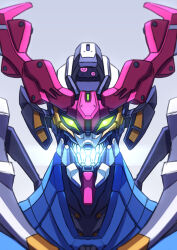 Rule 34 | absurdres, alternate form, commentary request, glowing, glowing eyes, gquuuuuux, green eyes, grey background, gundam, gundam gquuuuuux, highres, ka ki o, looking at viewer, mecha, mecha focus, mobile suit, no humans, open mouth, portrait, robot, science fiction, solo, spoilers, v-fin