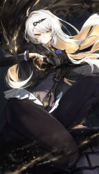 1girl absurdres bird black_background black_bird black_jacket black_pants breasts cleavage colored_inner_hair floating_hair goomrrat hair_ornament hairclip highres jacket large_breasts long_hair looking_at_viewer multicolored_hair official_alternate_costume on_roof pants see-through_cleavage see-through_clothes smile solo white_hair yellow_eyes yixuan_(trails_of_ink)_(zenless_zone_zero) yixuan_(zenless_zone_zero) zenless_zone_zero