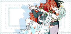 2girls aiguillette black_hat black_jacket blue_hair chinese_commentary commentary_request dip_(dance_move) dress eye_contact flower freckles gloves green_eyes hat holding_hands jacket long_hair looking_at_another military_hat multiple_girls orange_hair parted_lips plant reverse:1999 rose shadow sonetto_(reverse:1999) vertin_(reverse:1999) vines watermark weibo_watermark white_dress white_flower white_gloves white_rose ying_(suetmo) yuri