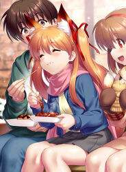 1boy 2girls :d :i ^_^ aizawa_yuuichi animal_ears black_skirt blue_jacket blush brown_eyes brown_hair brown_mittens chopsticks closed_eyes closed_mouth commentary_request commission dango day denim eating feet_out_of_frame food food_on_face fox_ears fox_girl fox_tail green_hoodie hair_between_eyes hair_ribbon hairband highres holding holding_chopsticks holding_food hood hood_down hoodie jacket jeans jpeg_artifacts kanon long_hair looking_at_another medium_hair miniskirt mittens multiple_girls open_clothes open_jacket open_mouth orange_hair outdoors pants pink_scarf pleated_skirt red_eyes red_hairband red_ribbon ribbon sawatari_makoto scarf second-party_source short_hair sitting skeb_commission skirt smile snow solo_focus tail taiyaki tareme tsukimiya_ayu two_side_up wagashi winter zen_(kamuro)