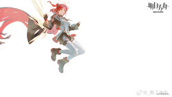 1girl arknights artist_name black_boots black_gloves black_shorts boots breasts chinese_commentary commentary_request copyright_name dress exusiai_the_new_covenant_(arknights) fingerless_gloves from_below gloves halo highres medium_breasts medium_hair official_art one_side_up red_eyes red_hair shorts shule_de_yu simple_background solo thighhighs white_background white_dress white_thighhighs wings