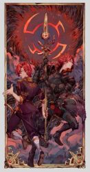 2boys armor arms_up black_armor black_jacket black_pants boots border breastplate closed_mouth collared_jacket commentary crest dual_persona english_commentary family_crest faulds fire_emblem fire_emblem:_three_houses fur-trimmed_collar fur_trim garreg_mach_monastery_uniform gauntlets greaves highres holding holding_polearm holding_weapon holstered jacket lance_of_ruin looking_ahead looking_at_viewer male_focus multiple_boys neskybo nintendo pants parted_bangs parted_hair pauldrons polearm popped_collar profile red_fur red_hair red_pants school_uniform shoulder_armor sleeve_cuffs sleeves_rolled_up smile sword sylvain_jose_gautier sylvain_jose_gautier_(timeskip) twitter_username weapon white_boots white_border