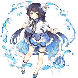 1girl ankle_garter ark_order blue_bow blue_dress blue_shoes blush bow breasts bun_cover capelet cleavage detached_sleeves double_bun dress flower footwear_ribbon full_body hair_bun horns legs lotus official_art open_mouth ribbon shoes short_sleeves solo sparkle tachi-e thigh_bow thigh_strap transparent_background tsukimi_(xiaohuasan) two_side_up wangliang_(ark_order) water white_capelet wrist_cuffs yellow_eyes yellow_ribbon
