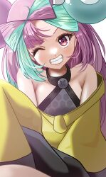 1girl ;) agedashi_doufu_mk23 aqua_hair bare_shoulders black_jacket bow close-up female_focus gen_1_pokemon grin highres iono_(pokemon) jacket long_sleeves looking_at_viewer loose_clothes magnemite multicolored_hair multicolored_jacket nintendo one_eye_closed pink_eyes pink_hair pokemon pokemon_sv sharp_teeth simple_background smile solo teeth two-tone_hair two-tone_jacket white_background wink yellow_jacket