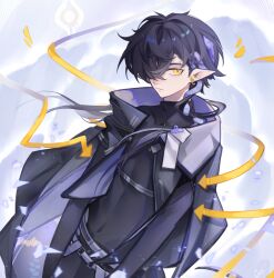 Rule 34 | 1boy, absurdres, arknights, arrow (symbol), black hair, black jacket, black shirt, chinese commentary, closed mouth, commentary, corroserum (arknights), earrings, expressionless, eyebrow piercing, hair over one eye, highres, jacket, jewelry, long hair, looking at viewer, male focus, one eye covered, piercing, pointy ears, re gaihuaqiti, shirt, solo, strap, yellow eyes