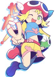 1girl ;d amitie_(puyopuyo) belt blonde_hair blue_shirt boots carrying carrying_under_arm creature denchi_kyoryu dot_nose drop_shadow emphasis_lines flat_chest flipped_hair from_below full_body green_eyes happy hat heart heart_print highres holding holding_creature jumping looking_at_viewer midair midriff_peek navel one_eye_closed open_mouth outstretched_arm pink_belt pink_boots print_shirt puyo_(puyopuyo) puyopuyo puyopuyo_fever_2 red_hat shirt short_hair shorts simple_background smile solo v variant_set white_background winged_hat yellow_shorts yellow_sleeves