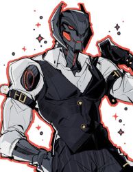 1boy android avengers_(series) dotori_012 formal_clothes glowing glowing_eyes humanoid_robot male_focus marvel marvel_rivals mecha red_eyes robot simple_background solo suit ultron