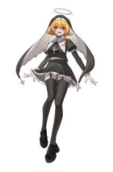 1girl absurdres alternate_costume alternate_eye_color artist_request black_coif black_shirt black_shoes black_skirt black_thighhighs blonde_hair bow braid bright_pupils commission cookie_(touhou) cross cross_necklace frilled_skirt frills full_body garter_straps grey_halo hair_bow halo highres jewelry juliet_sleeves kirisame_marisa long_sleeves looking_at_viewer meguru_(cookie) necklace nun open_mouth puffy_sleeves red_eyes second-party_source shirt shoes short_hair side_braid simple_background single_braid skirt smile solo thighhighs touhou traditional_halo transparent_background white_pupils zettai_ryouiki